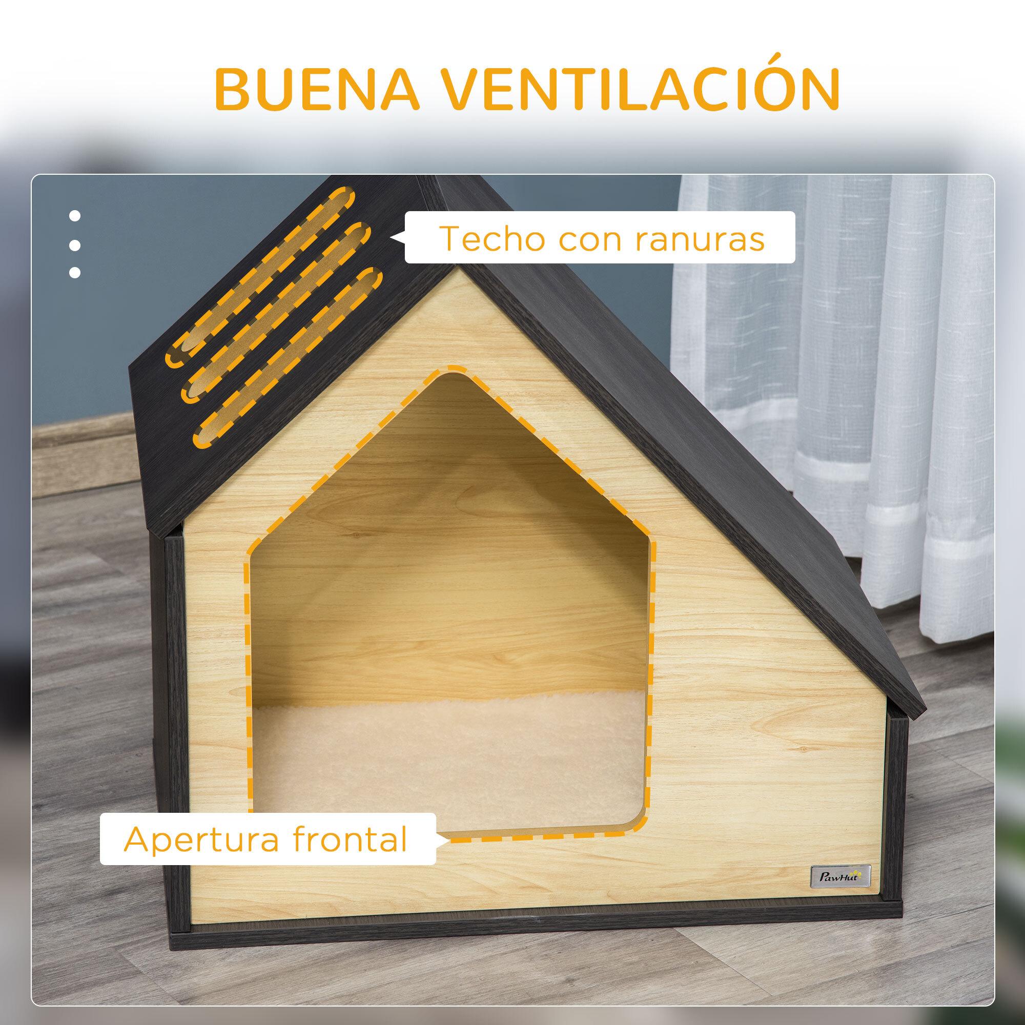 Caseta de Madera de Perros Interior con Cojín Suave 3 Ventilaciones 60x40x59,2cm