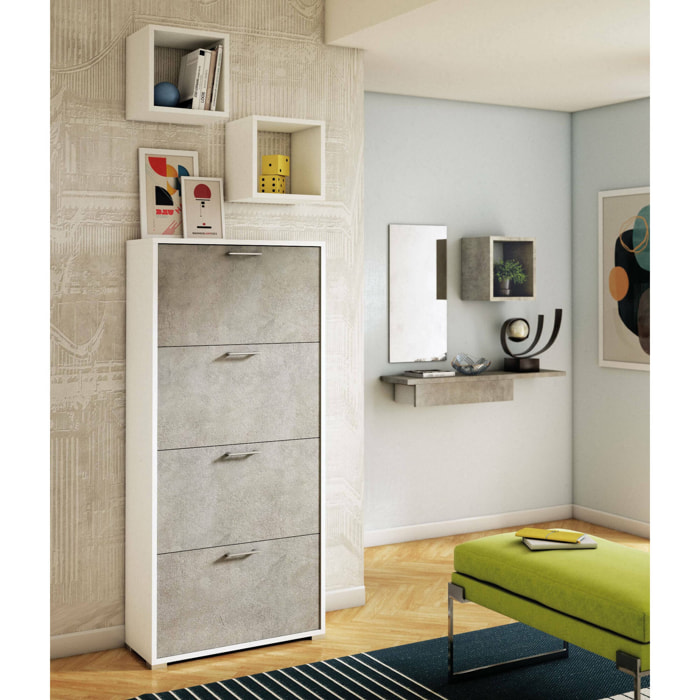 Scarpiera Adeindein, Mobile multiuso da ingresso con 4 ante a ribalta, Armadietto portascarpe a doppia profondità, 100% Made in Italy, 67x28h147 cm, Bianco e Cemento