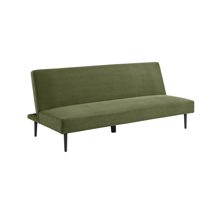 Canapé banquette convertible 3 places velours côtelé kaki piétement métal L 180 x P 100 x H 74.5 cm - Max