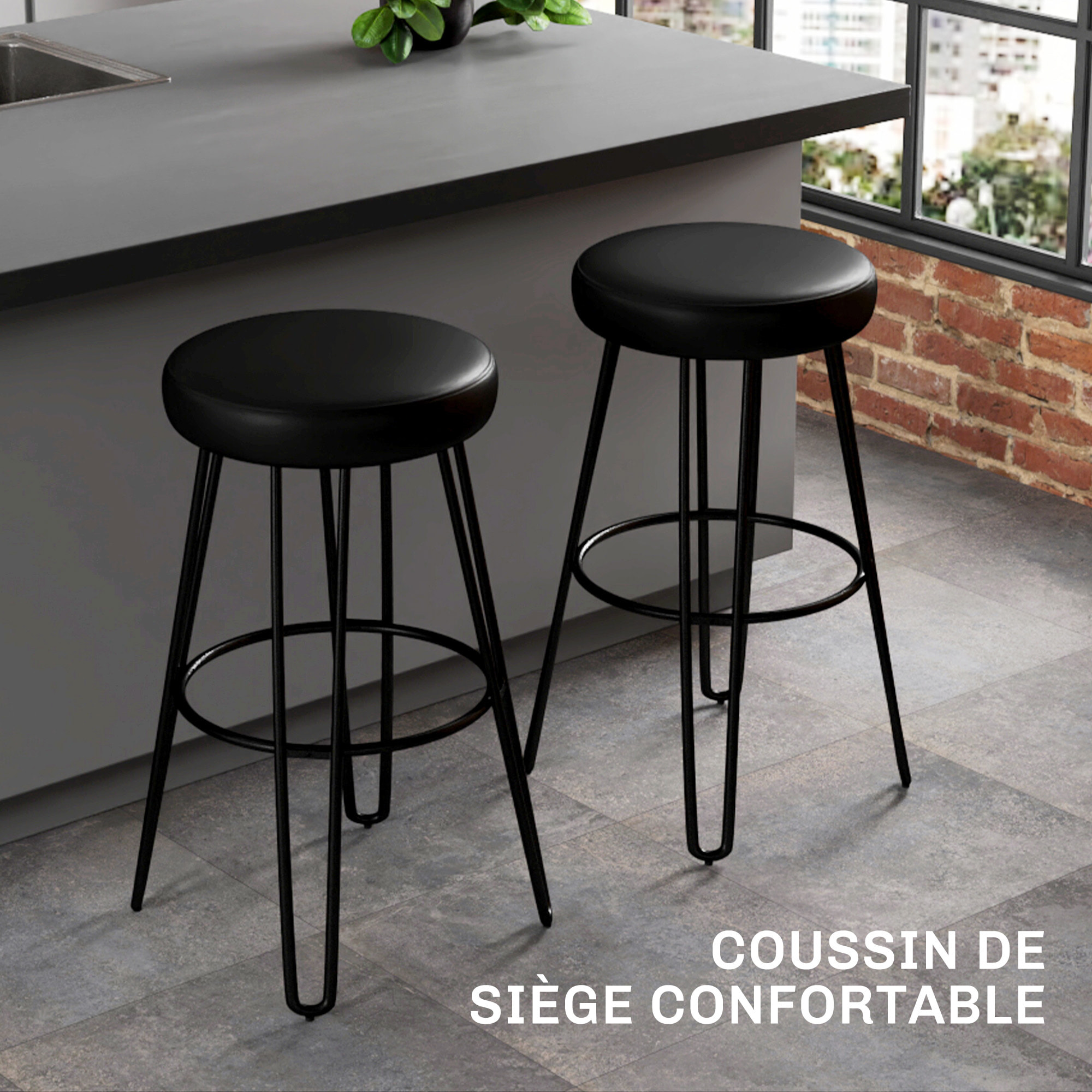 Lot de 2 tabourets de bar style industriel - repose-pieds - piètement épingle acier assise ronde noir