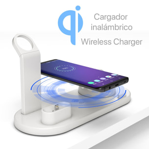 Base di ricarica 4 in 1, lightning, connessione micro USB e USB-C. Supporto per Apple Watch e supporto di ricarica per Airpods.