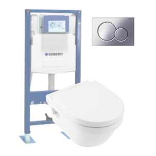 WC suspendu sans bride Architectura + abattant + Bati support GEBERIT + plaque de commande