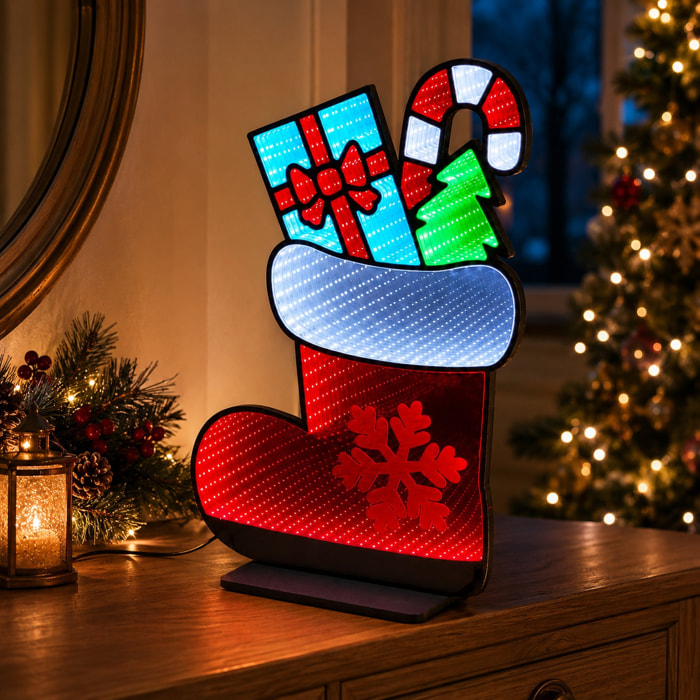 Calcetín navideño led infinity mirror con 312 leds multicolor y efecto infinito 3d, con temporizador - 44x60 cm