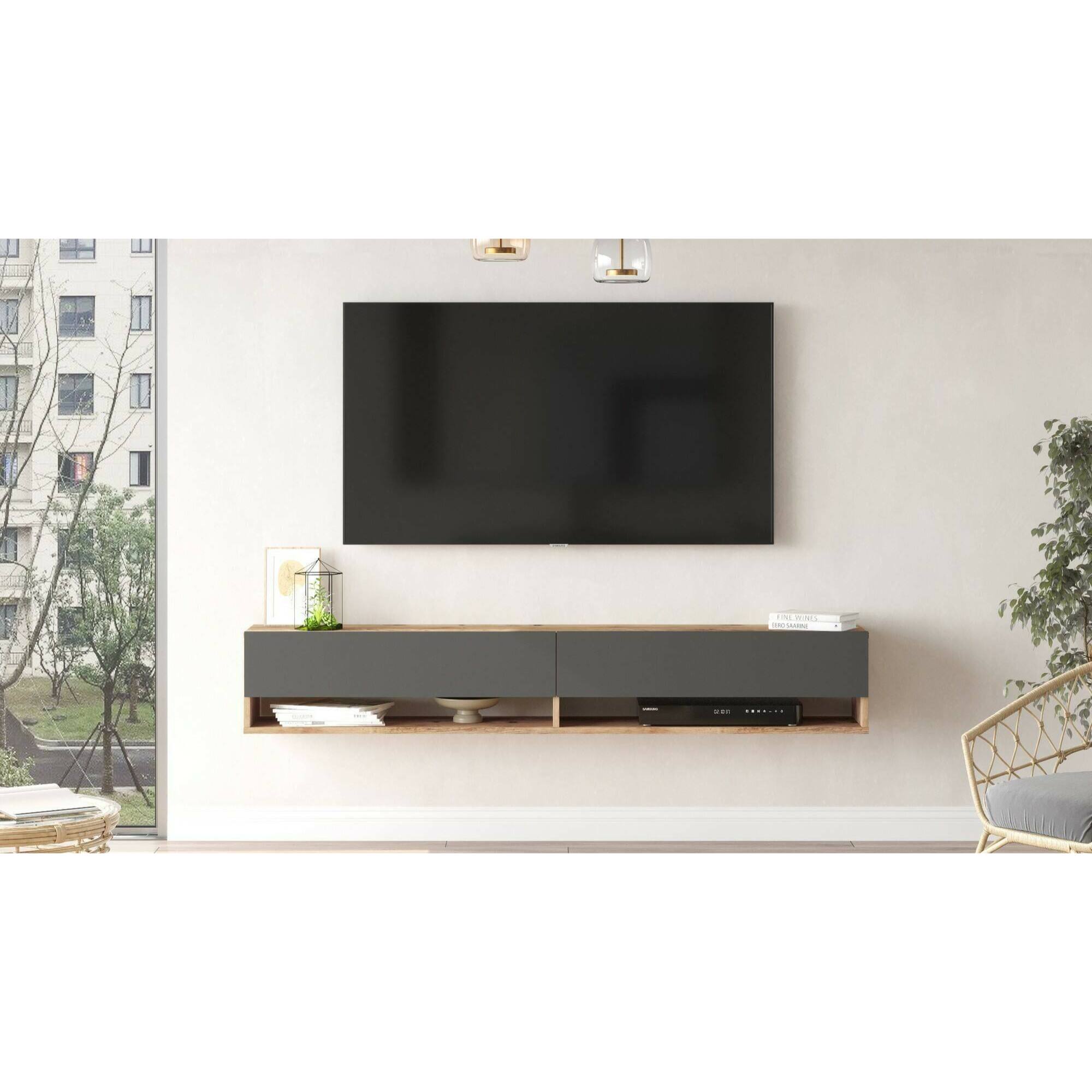 Mobile porta TV Dkechrid, Credenza da soggiorno, Armadio basso per TV, Base parete attrezzata, 180x32h29 cm, Quercia e Antracite