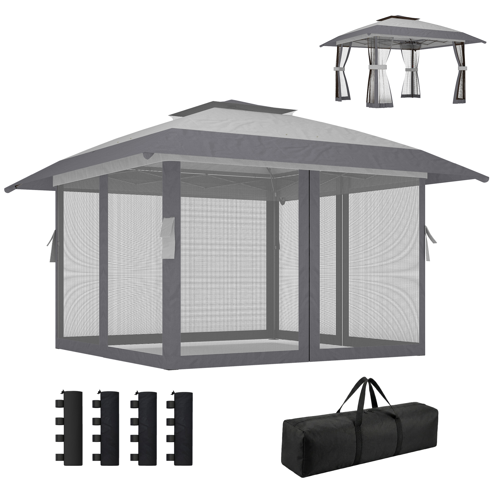 Tonnelle barnum pop-up 4 x 4 m moustiquaire intégrale sacs lestage gris