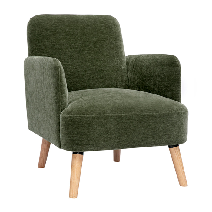 Fauteuil scandinave en tissu effet velours vert kaki et bois clair ISKO