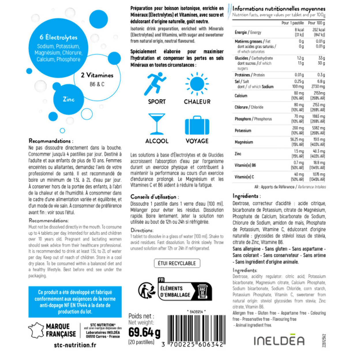 STC NUTRITION - Hydra+ - Préparation pour boisson isotonique à base d'Électrolytes, Vitamines, sucre et édulcorant naturels - Optimise l'hydratation - Neutre - 20 Pastilles