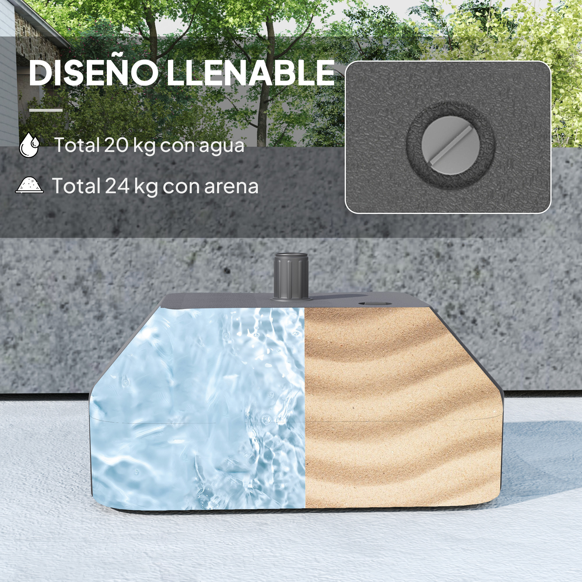 Base para Sombrilla Soporte para Parasol Pie para Sombrilla Rellenable con Agua 20L o Arena 24kg para Jardín Terraza Negro