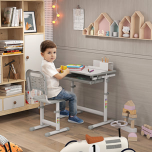 Ensemble bureau chaise enfant réglable - plateau inclinable, tiroir coulissant - acier PP gris blanc