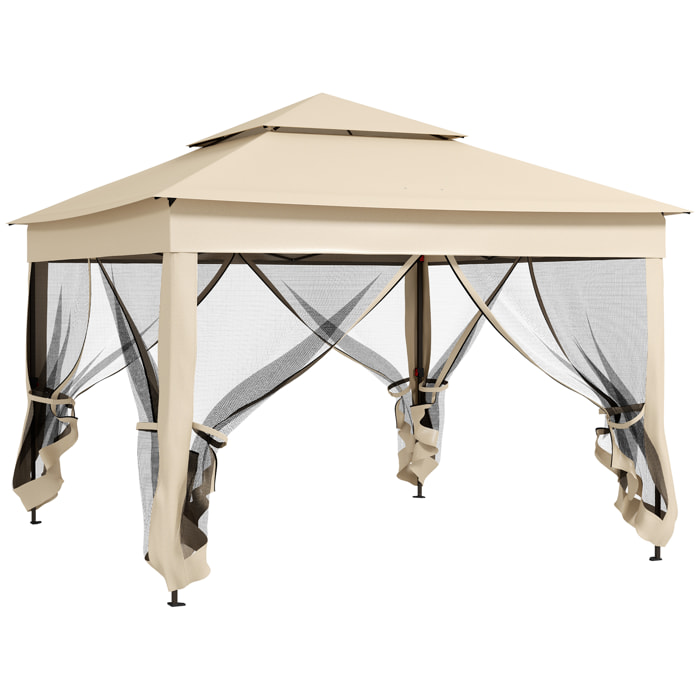 Outsunny Carpa Plegable 325x325x270 cm Cenador de Jardín Gazebo con Doble Techo Paredes Laterales Desmontables y Marco Metálico para Camping Fiestas Crema