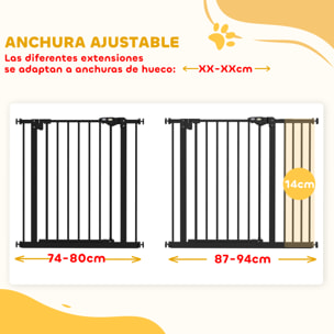 Barrera de Seguridad para Perros Extensible 74-94 cm, para Puertas y Escaleras, Barrera para Perros con Montaje a Presión, Doble Bloqueo y Extensión de 14 cm, Negro