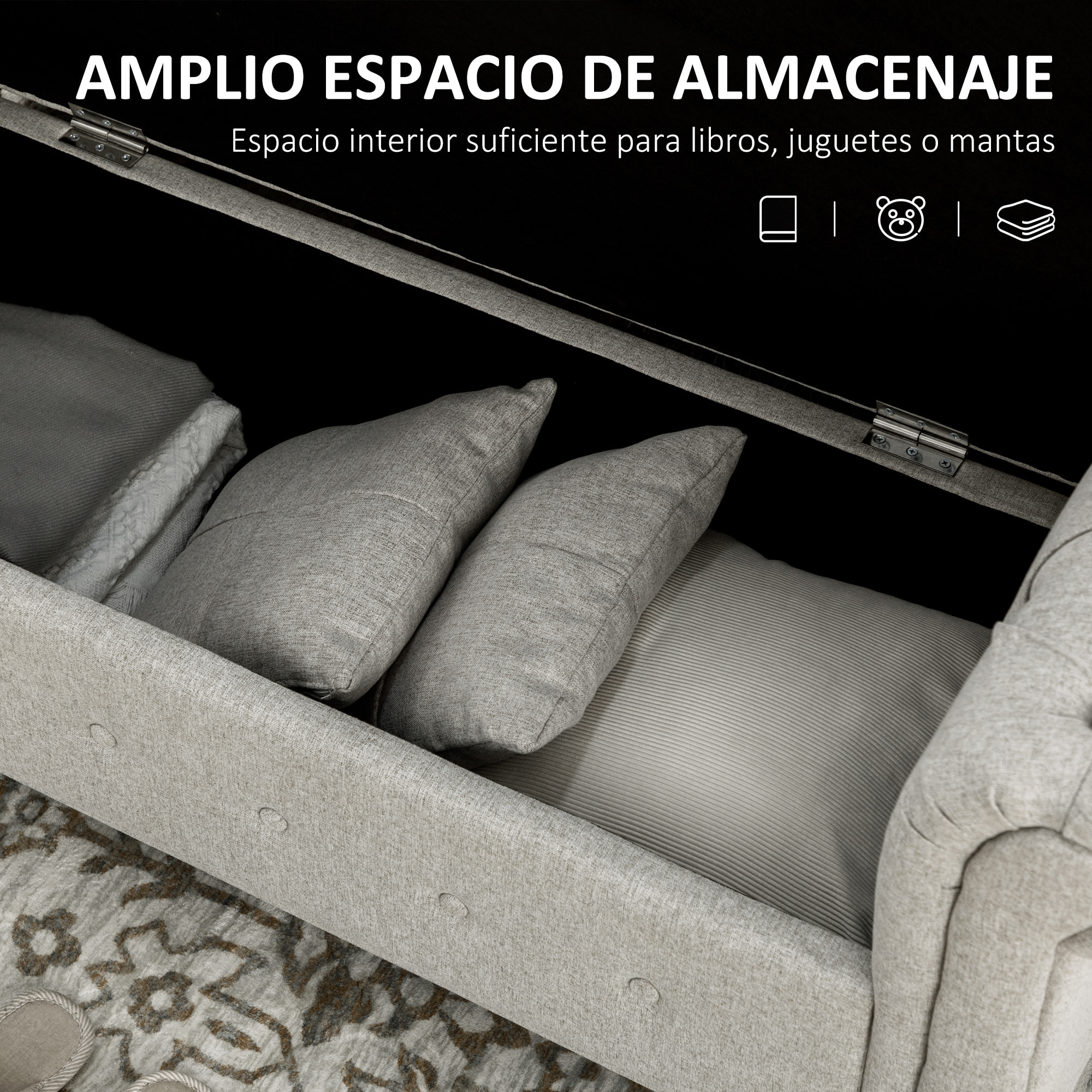 Banco de Almacenamiento Taburete de Almacenaje de Lino con Tapa de Bisagras Patas de Madera y Reposabrazos Enrollados para Dormitorio Salón Pasillo Carga 150 kg 146,5x49x74,5 cm Gris Claro