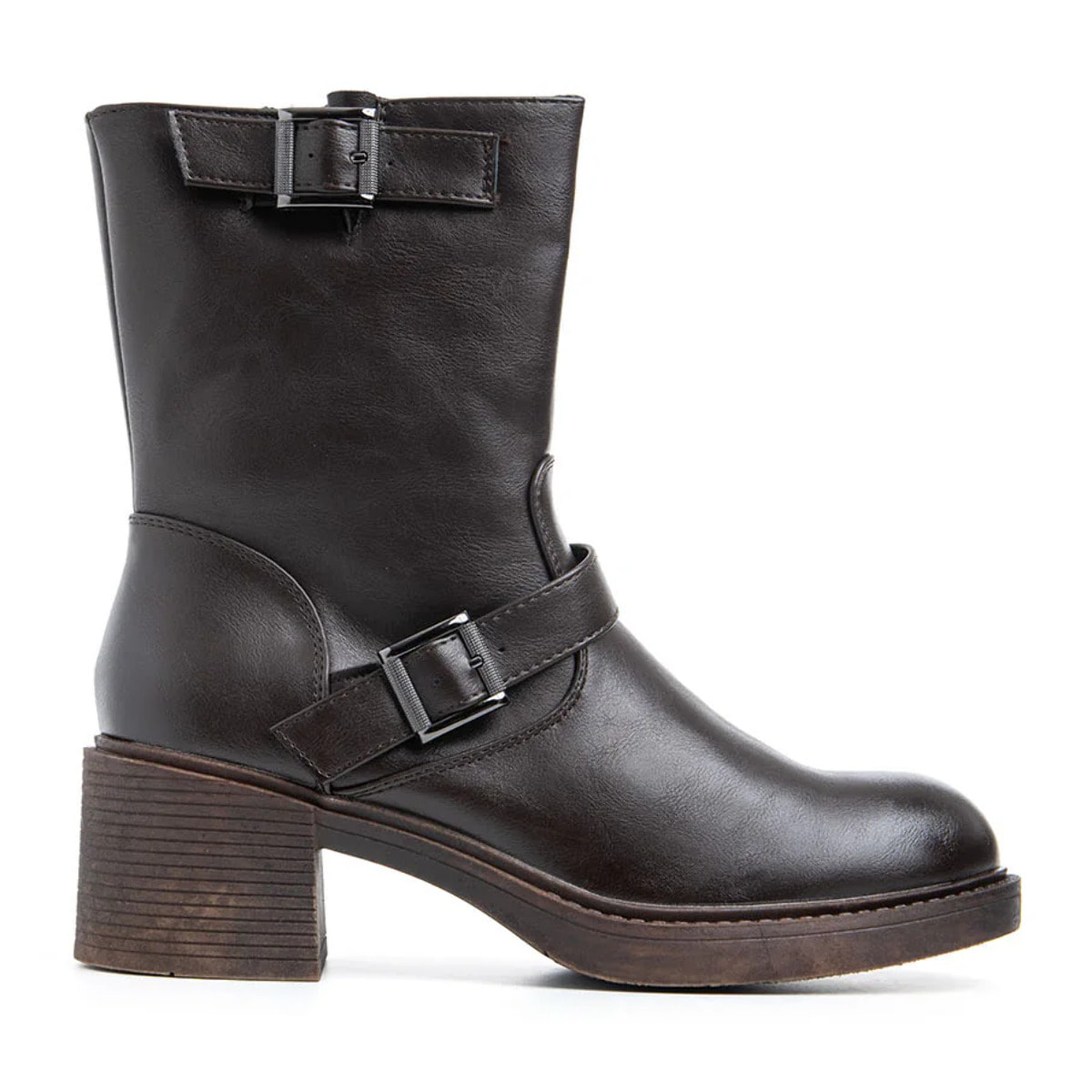 Stivaletto con doppia fibbia e tacco largo - MARRONE