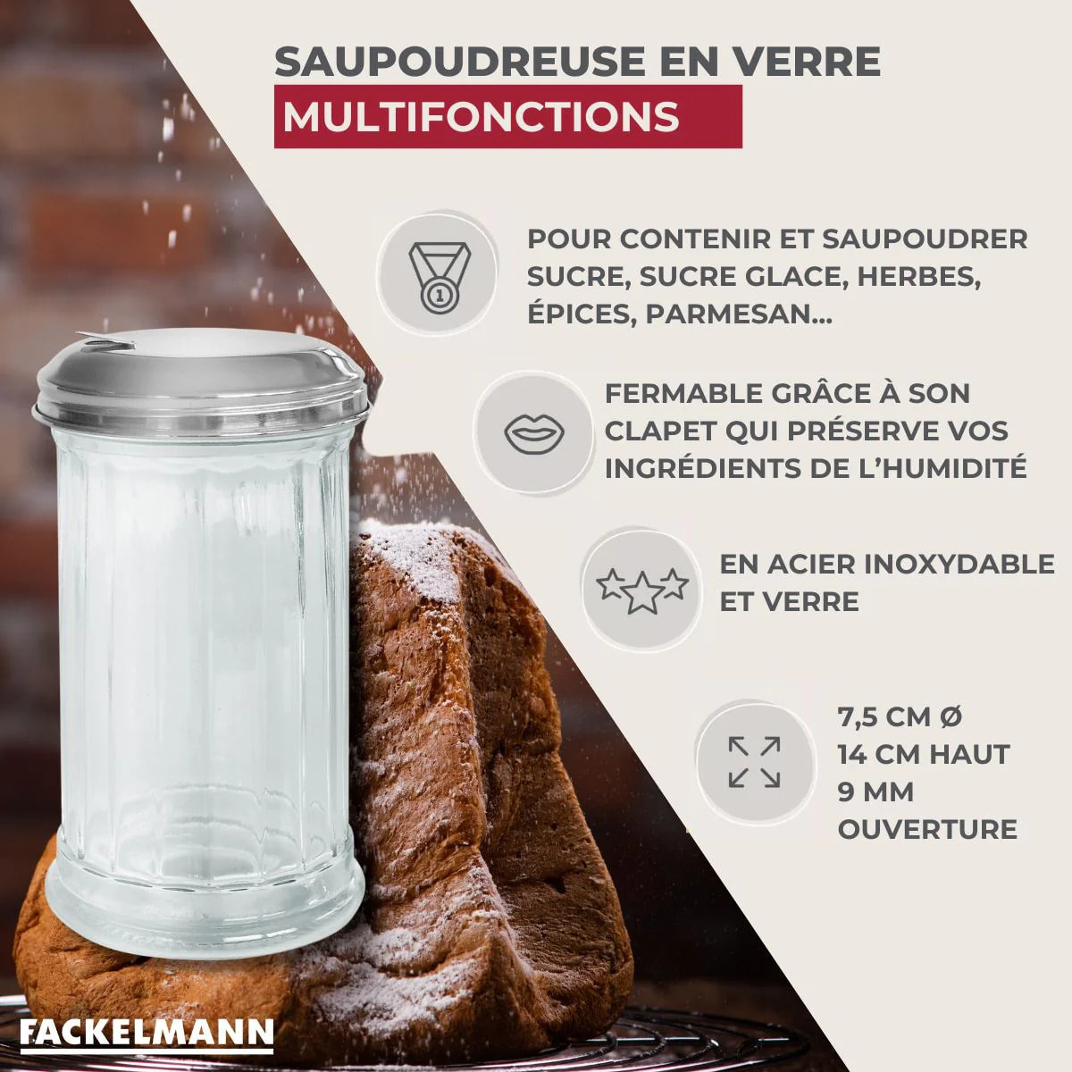 Saupoudreuse en verre et couvercle inox 14 cm Fackelmann Basic