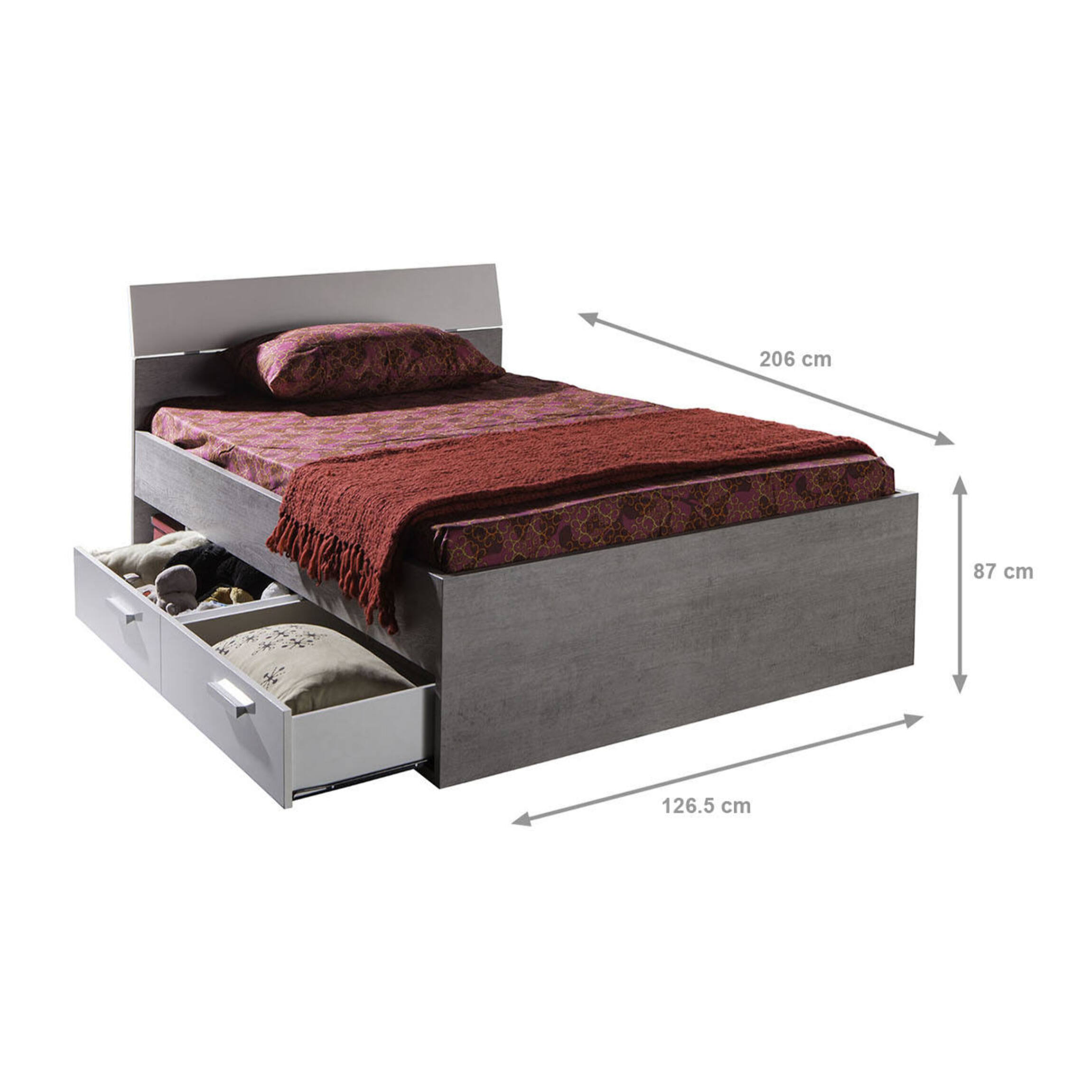 Letto matrimoniale 2 vani 2 cassetti in laminato cemento laccato bianco, 206 x 126.5 x 87, Grigio