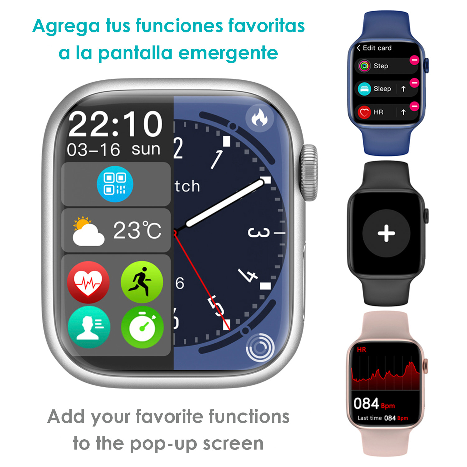 Smartwatch W29 Max con pantalla de 2.1 y modo always on. Monitor cardiaco 24h, O2 en sangre, Termómetro corporal,notificaciones de Apps.