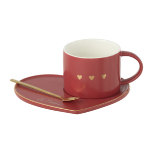 J-Line tasse + sous-tasse + cuillère 3 coeur - céramique - rouge