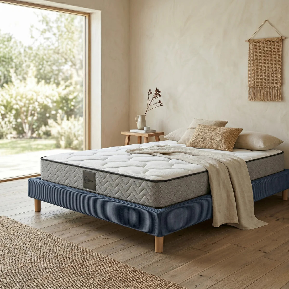 Ensemble matelas Univers & sommier Cancun | Mémoire de forme et ressorts ensachés | Cadre à lattes | Velours côtelé | Bleu nuit