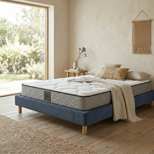 Ensemble matelas Univers & sommier Cancun | Mémoire de forme et ressorts ensachés | Cadre à lattes | Velours côtelé | Bleu nuit