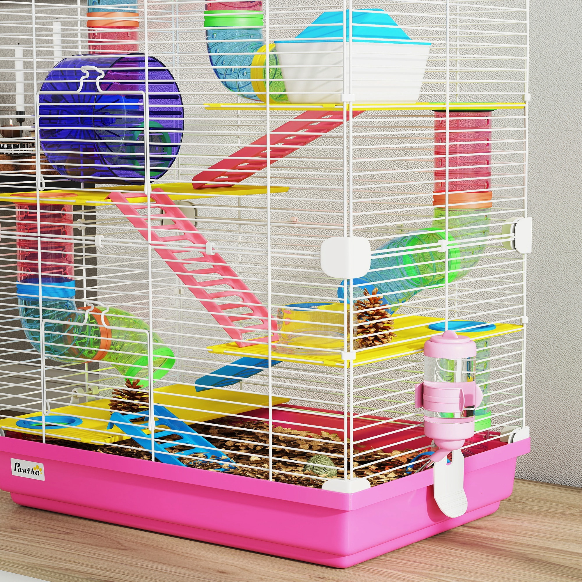 Jaula para Hámster de 5 Niveles, Casa para Roedores Pequeños con Túnel, Plataformas, Cuenco, Bebedero, Casita, Rampas y Rueda de Ejercicio, para Jerbos, 46x30x58cm Rosa