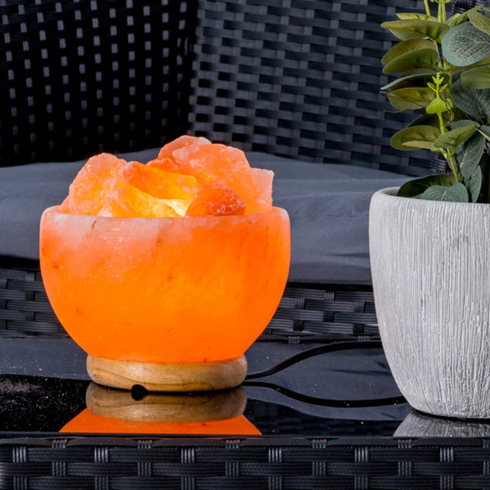 Lampada di sale himalayano Fire Bowl con cristalli naturali 12x14 cm, luce calda rilassante con base in legno, lampada decorativa sale rosa con interruttore, ideale per casa benessere yoga e idea regalo