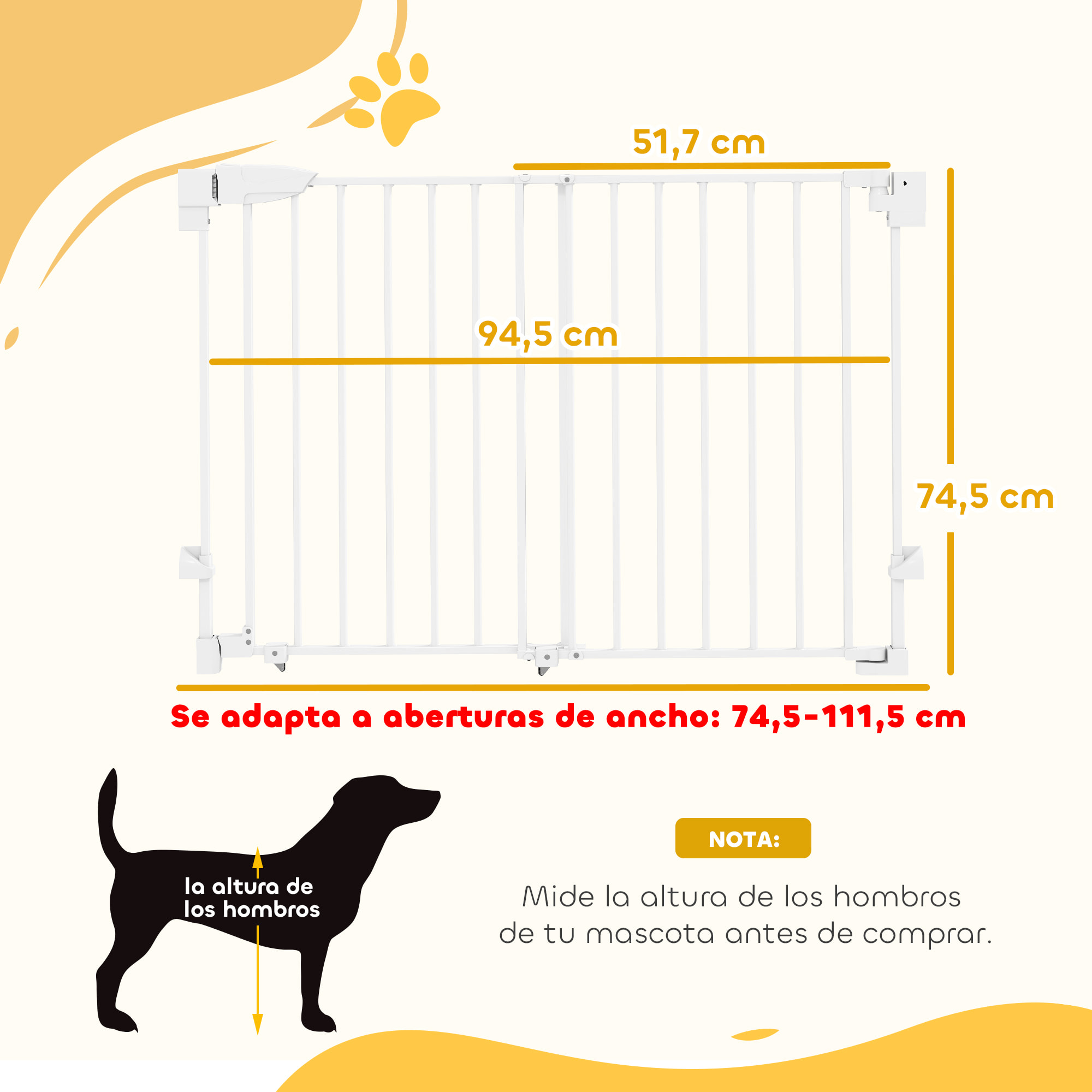 Barrera de Seguridad para Perros, Ancho 74,5-111,5 cm, Puerta para Perros para Puertas y Escaleras con Pestillo, Cierre Automático, Uso con Una Mano, Montada en la Pared, Sin Umbral, Blanco