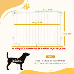 Barrera de Seguridad para Perros, Ancho 74,5-111,5 cm, Puerta para Perros para Puertas y Escaleras con Pestillo, Cierre Automático, Uso con Una Mano, Montada en la Pared, Sin Umbral, Blanco