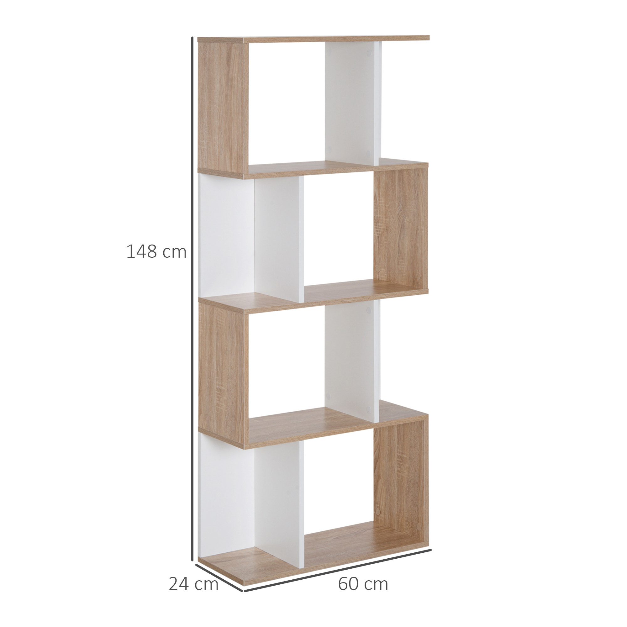 Bibliothèque étagère meuble de rangement design contemporain en S 4 étagères 60L x 24l x 148H cm chêne blanc