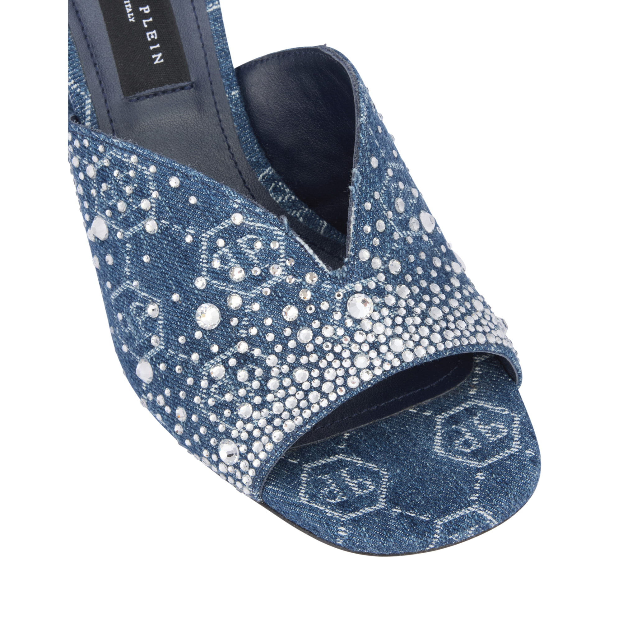 PHILIPP PLEIN Denim Mid Heels Platform Sandals Monogram Strass