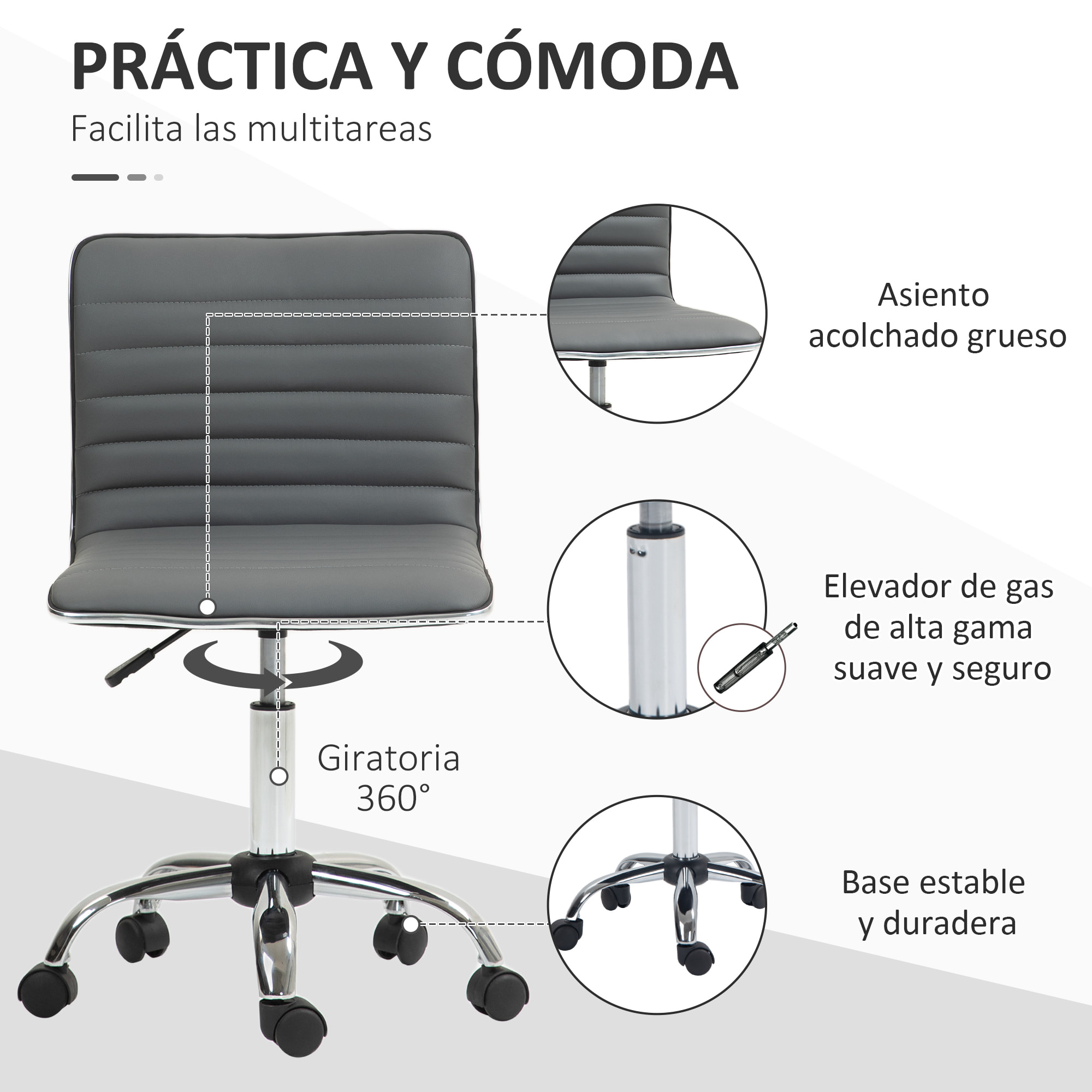 Silla de Oficina sin Brazos Silla de Escritorio Giratoria Tapizada en PU con Altura Ajustable para Estudio Dormitorio Tocador Carga 120 kg Gris Oscuro