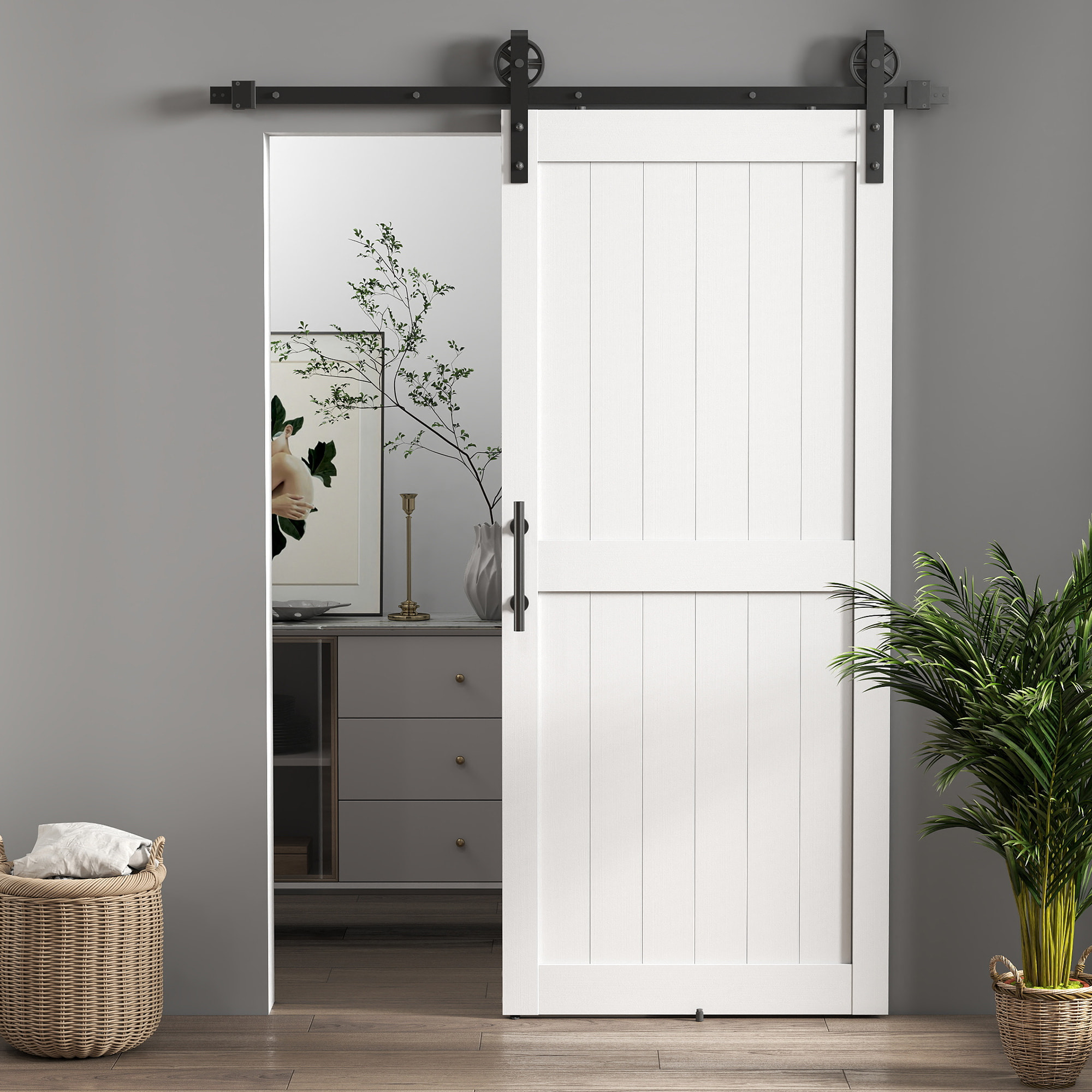 Puerta Corredera de Granero con Herrajes Puerta Corredera de Interior con Manija Rodillo y Guía de Suelo Mejorados para Baño Salón Sala de Estar 91,5x213,4 cm Blanco