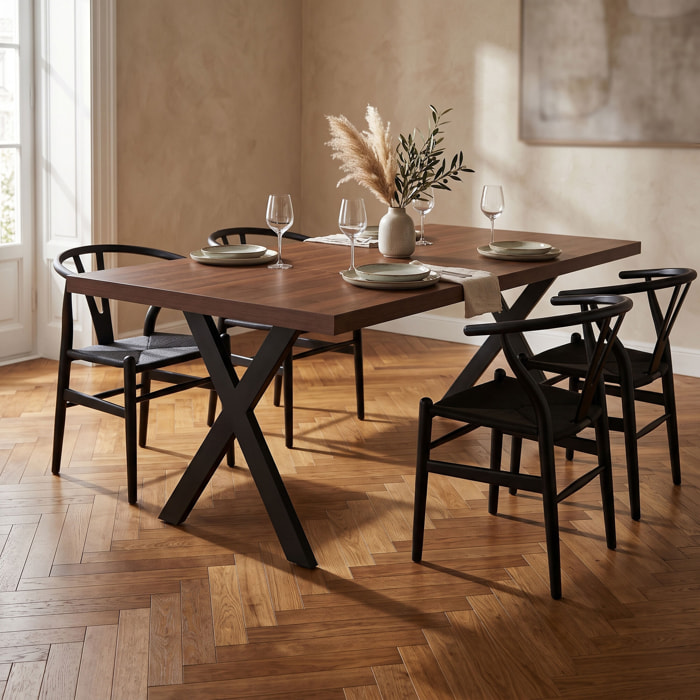 Tavolo da pranzo 220x100cm in legno e metallo con piedi ad "X" e ripiano in colore legno teak