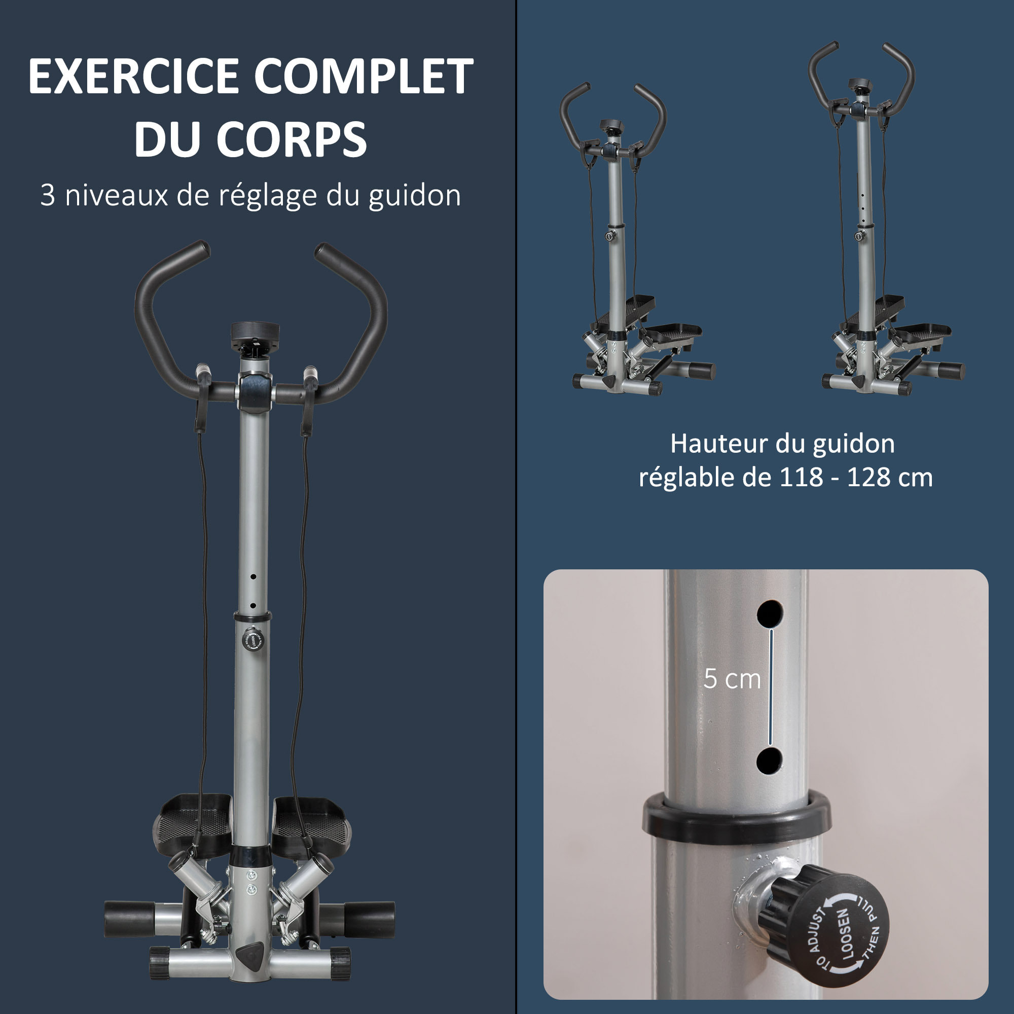Stepper fitness avec guidon ergonomique réglable et écran LCD - bandes de résistance - gris noir