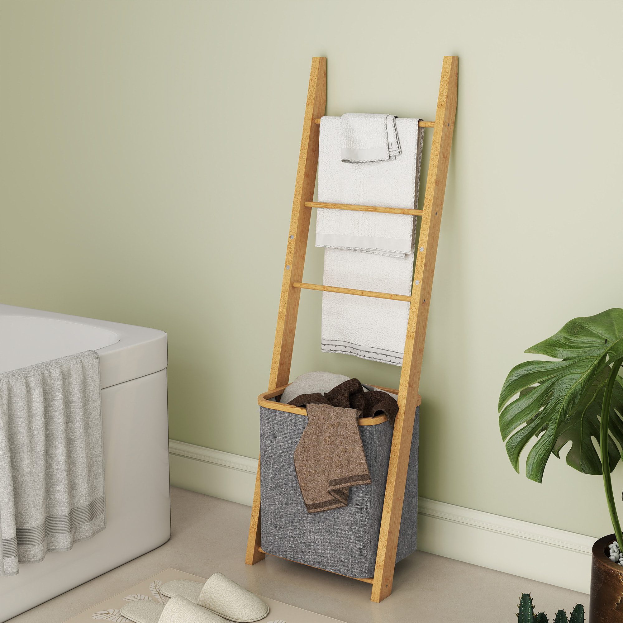 Porte-serviettes bambou avec panier à linge, échelle porte-serviettes avec 1 panier à linge, pour salon, chambre à coucher, buanderie, 43 x 35 x 133 cm, gris