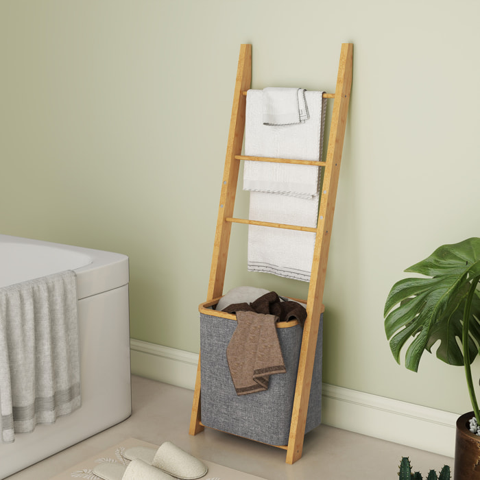 Porte-serviettes bambou avec panier à linge, échelle porte-serviettes avec 1 panier à linge, pour salon, chambre à coucher, buanderie, 43 x 35 x 133 cm, gris