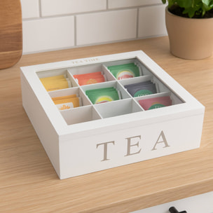 caja de té mdf con 9 compartimentos, 23x23x9cm, color blanco