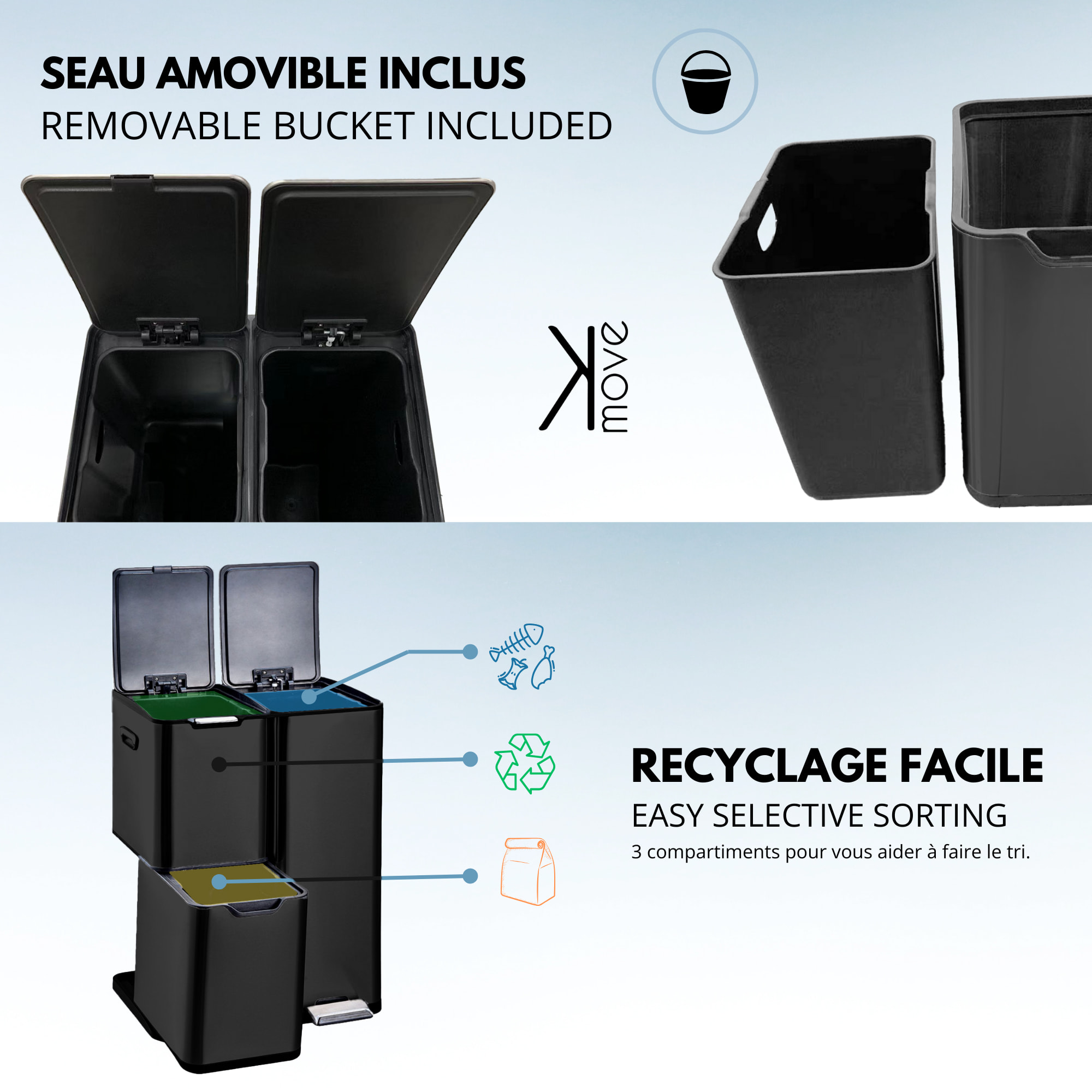 Poubelle de tri inox HAJA 60L 3bacs