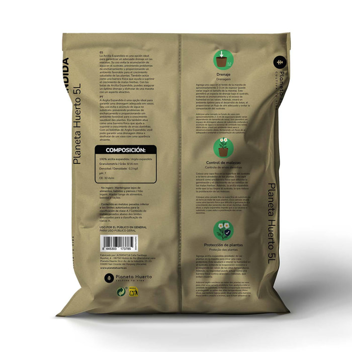 PLANETA HUERTO | Pack 5x Arcilla Expandida 25 Litros, Bolas de Arcilla para Drenaje, Control de Malezas y Protección de Raíces - Arcilla Expandida Ideal para Macetas, Jardineras y Cultivos