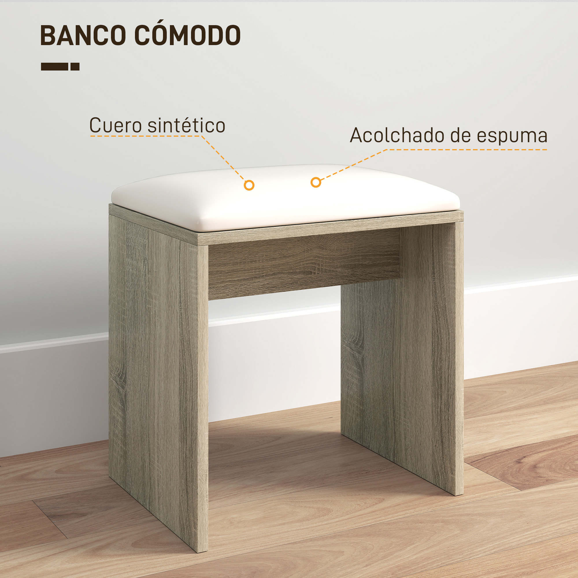 Tocador de Maquillaje con Taburete, Tocador con Espejo, Estantes Abiertos, Cajón y Estante Ajustable, Anti-vuelco, para Dormitorio, Salón y Vestidor, Natural