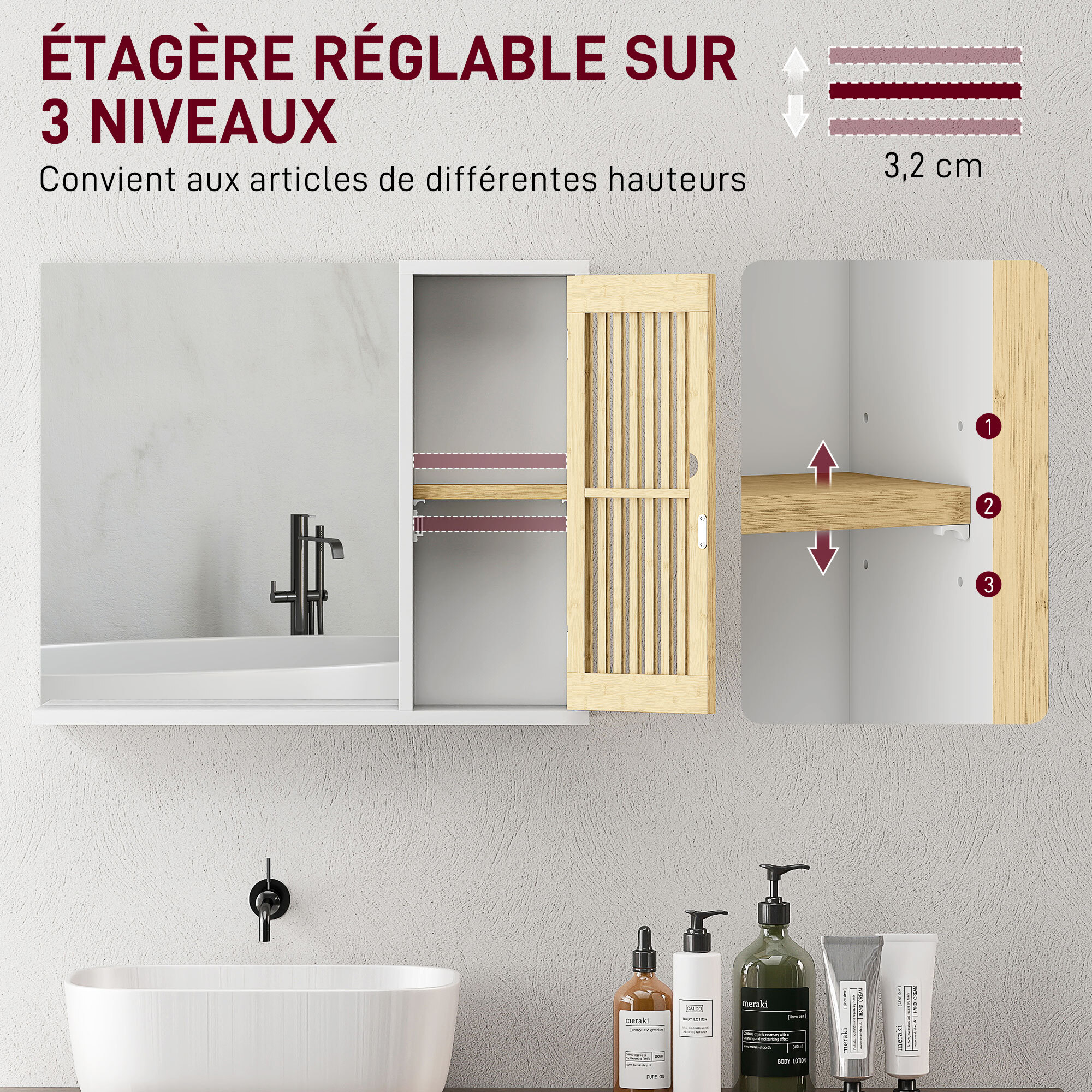 Miroir étagère style cosy - armoire miroir salle de bain 1 porte - bambou blanc