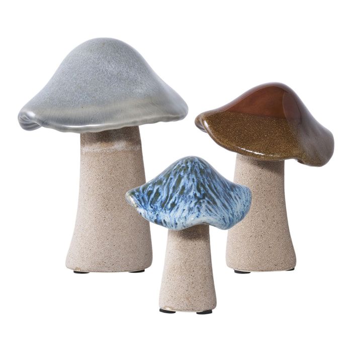 Set 3 funghi decorativi in gres ceramico multicolore