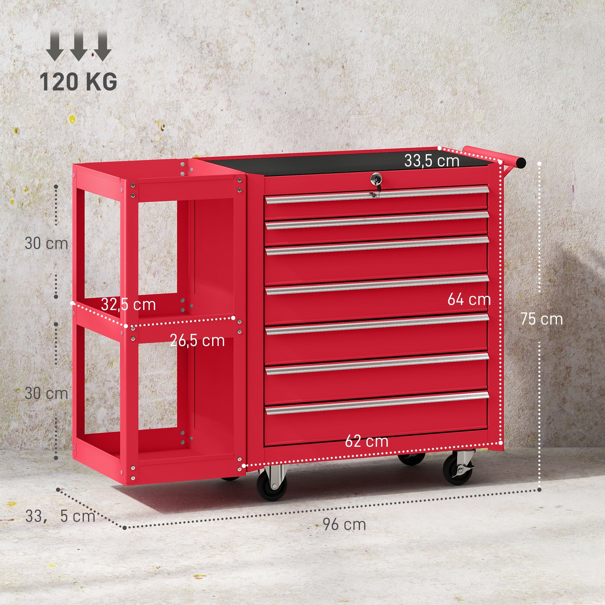 Carro de Herramientas con 7 Cajones, Carro de Taller con Estantería de 3 Niveles Desmontable, Sistema de Cierre Central, Asa, 2 Ruedas con Freno de Bloqueo, Rojo