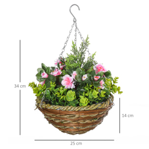 Juego de 2 Plantas Colgantes de Lisianthus Sintéticas para Interior y Exterior con Maceta de Mimbre y Cadenas Ø25x34 cm Rosa y Verde