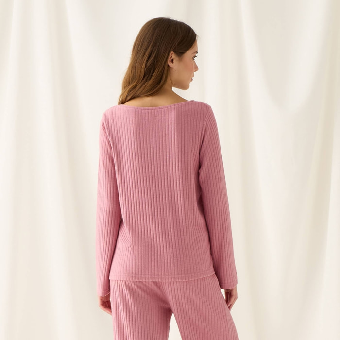 Camiseta de punto canalé Sisa color rosa Poliéster