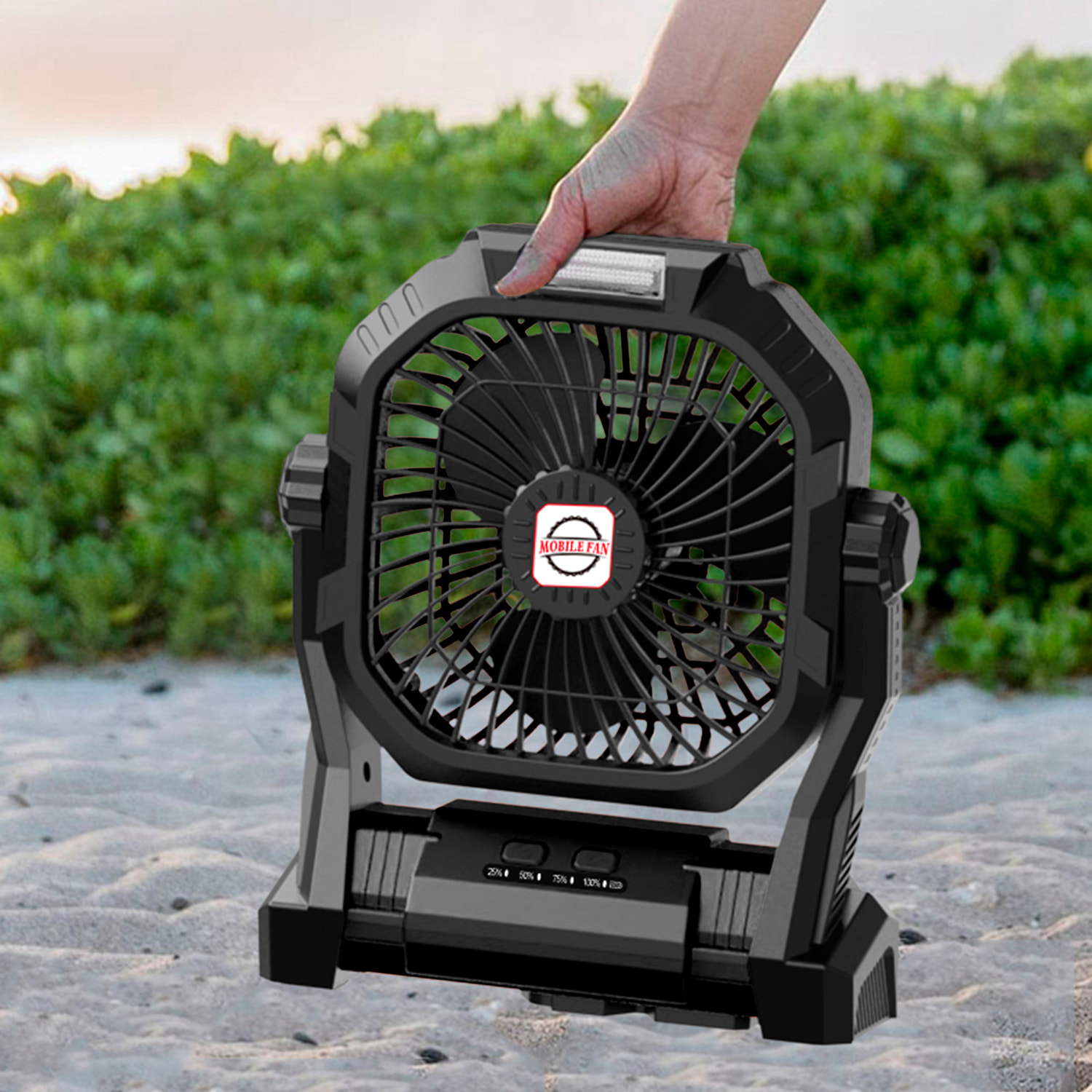 Ventilatore P50 con motore senza spazzole, LED con 8 luci, 4 velocità, 3 livelli di luce. Angolo regolabile di 180º, gancio per appendere e powerbank di 7800 mAh.