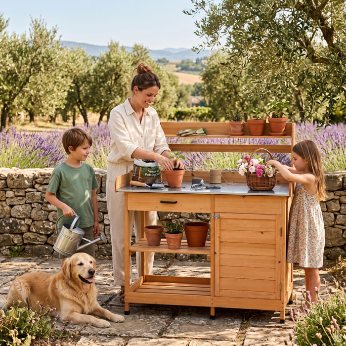 Gröunden - Tavolo da Lavoro per Giardinaggio 102x125x41,4 cm con Ripiano in Metallo e Armadietto in Legno massello