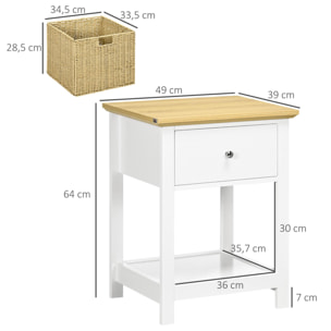 Mesita de Noche Moderno Mesilla de Noche con Cajón de Almacenamiento y Cesta de Ratán Plegable para Salón Dormitorio 49x39x64 cm Blanco y Natural