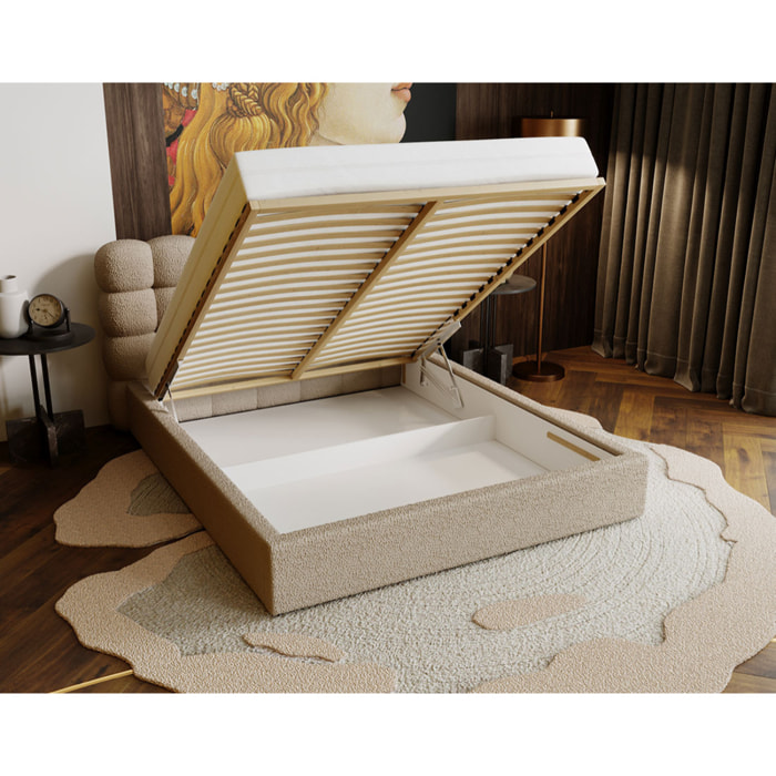 Lotus - lit coffre - 160x200 cm - sommier inclus - en tissu bouclette - Taupe
