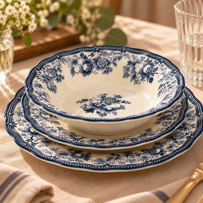 Service de table 36 pièces en grès blanc et bleu FAUSTINE