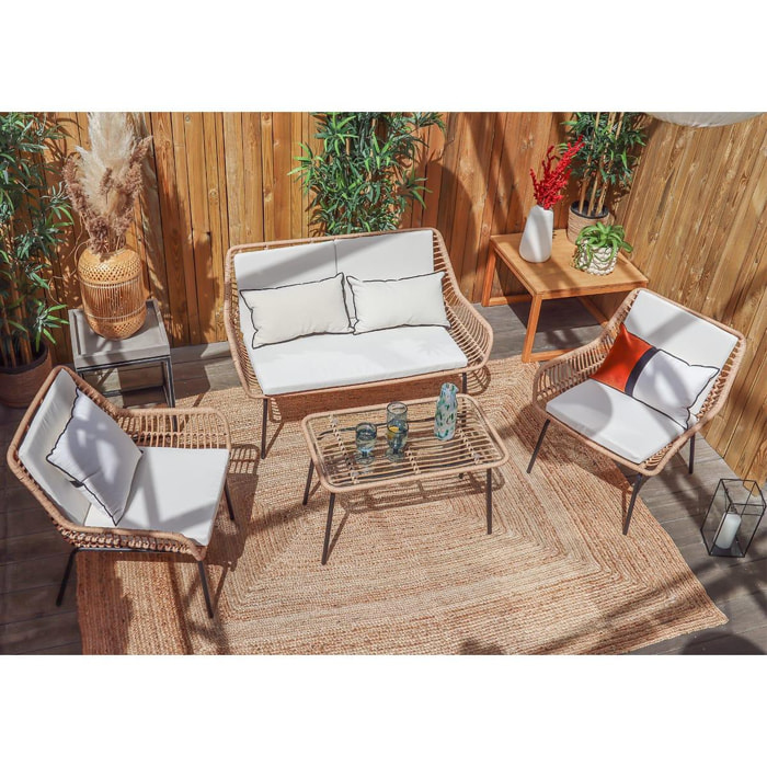 Salon de jardin 4 places style rotin avec coussins écrus - Coachella